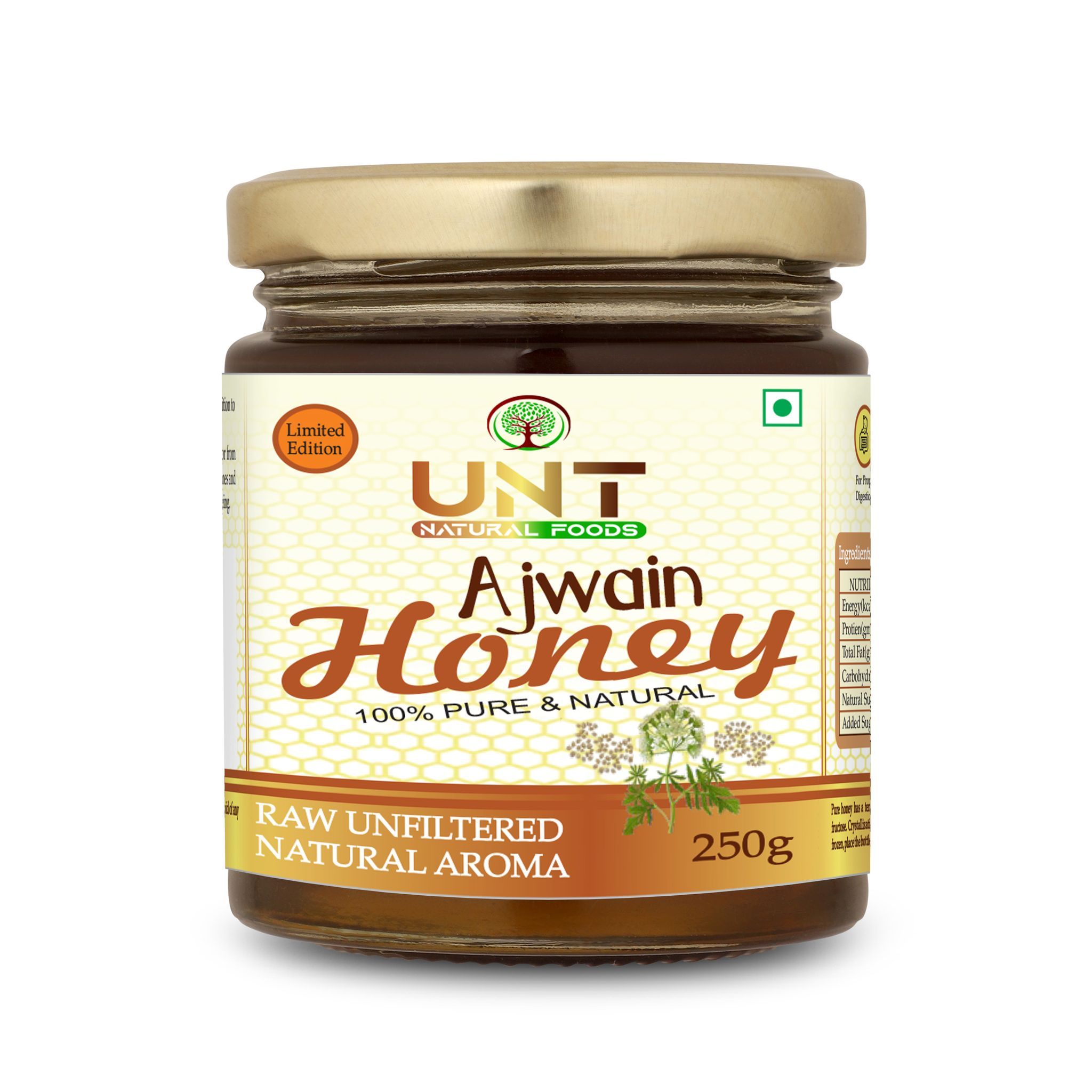 UNT Naturals Raw Ajwain Honey | 100% Pure & Natural | Immunity Booster | Aids Digestion | 250g Glass Jar