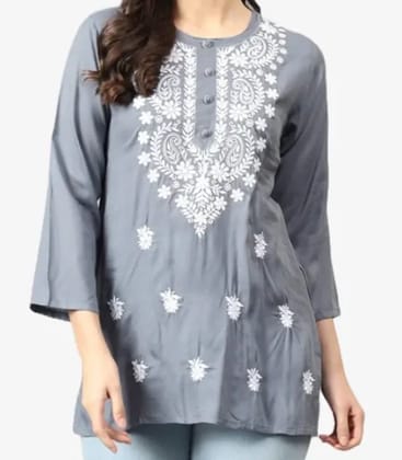 Lucknowi Chikankari Machine Embroidery Cotton Rayon Fabric Grey Short Kurti
