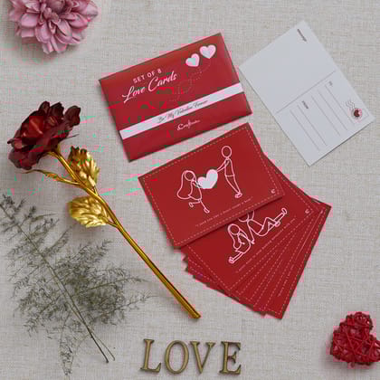 Valentine Combo of Set of 8 Love Post Cards Gift Cards Set, Golden Red Rose Gift Set