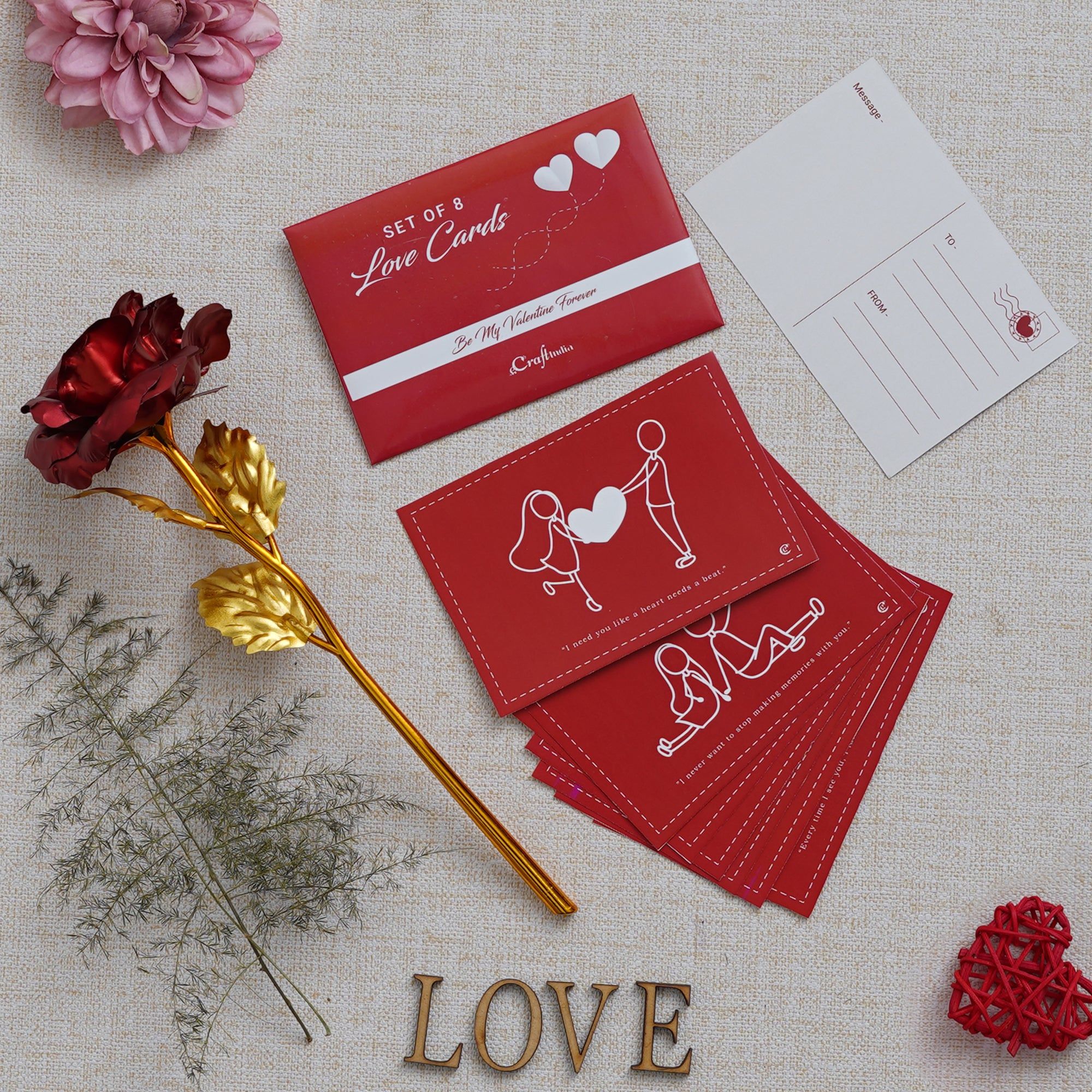 Valentine Combo of Set of 8 Love Post Cards Gift Cards Set, Golden Red Rose Gift Set