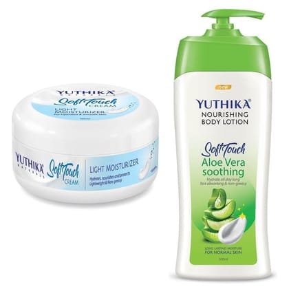 Yuthika Soft Touch Light Moisturizer Cream 100ml and Aloe Vera Body Lotion 500ml Combo Pack Yuthika Soft Touch Light Moisturizer Cream 100ml and Aloe Vera Body Lotion 500ml Combo Pack