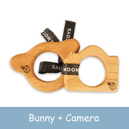 Neem Wood Teether Toys – Bunny + Camera (mini size for Pre mature)
