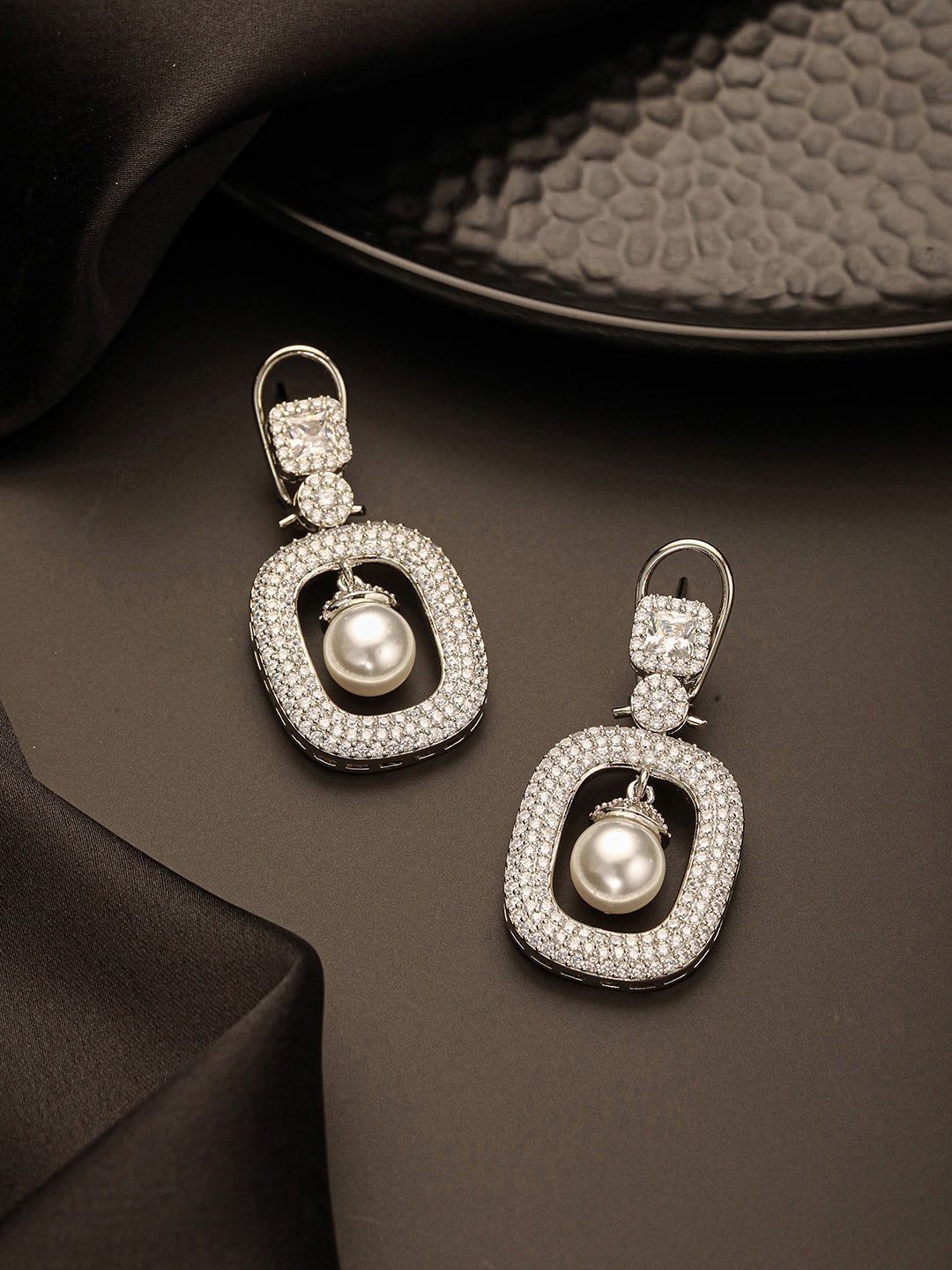 Silver Plated AD Studded Geometric Link  Pearl Charm Dangling Earrings