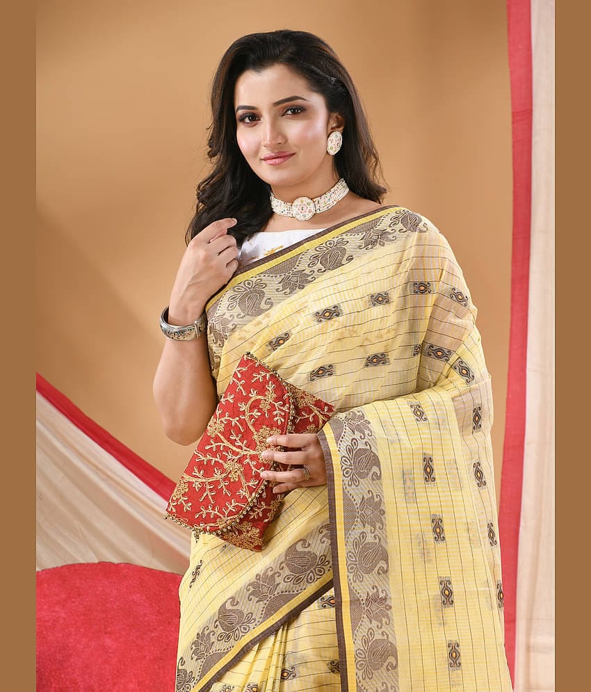 Desh Bidesh Cotton Self Design Regular Saree Without Blouse Piece ( Yellow )