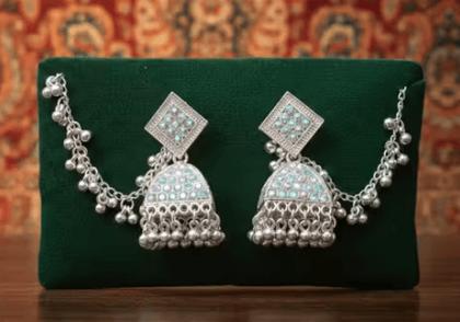 Oxidize silver plated AD stone jhumka
