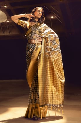 Checkered Woven Organza Silk Saree