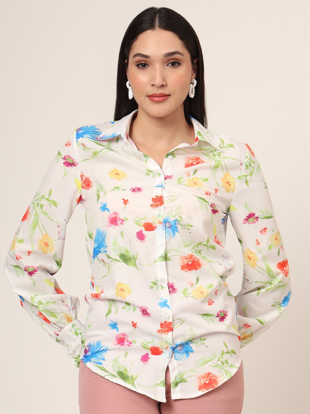 Women'S Premium Micro Multicolour Long Length Curved Hem Digital Print Shirt-M