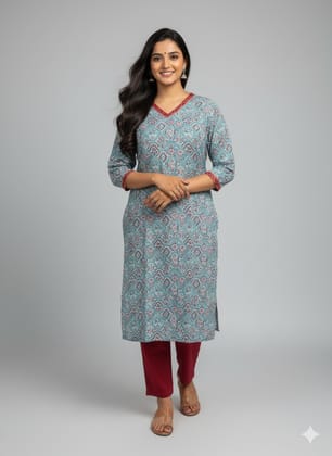 Rivaaj Ethnic Radha Straight Kurta (Size M) | Blue Pure Cotton with V-Neck Design | Casual Office Wear | 3/4 Sleeves