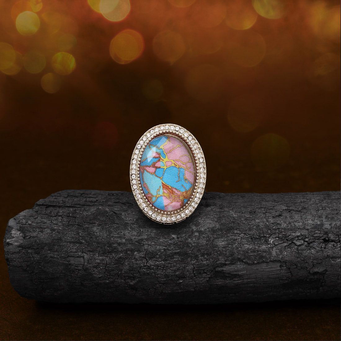 Cool Firozi Color Kundan Ring For Women-Ring_Size_Adjustable | Diameter Length: 3.50 CM x Width: 2.50 CM / Firozi / Alloy With Good Quality Mehndi Gold Plated