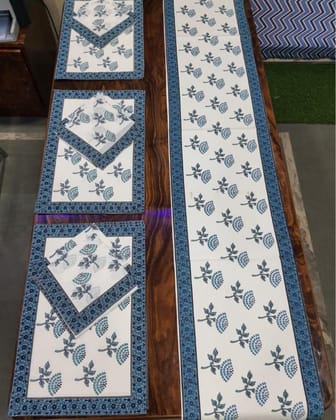 Antique Cotton Runner & Mat Set Blockprinted White