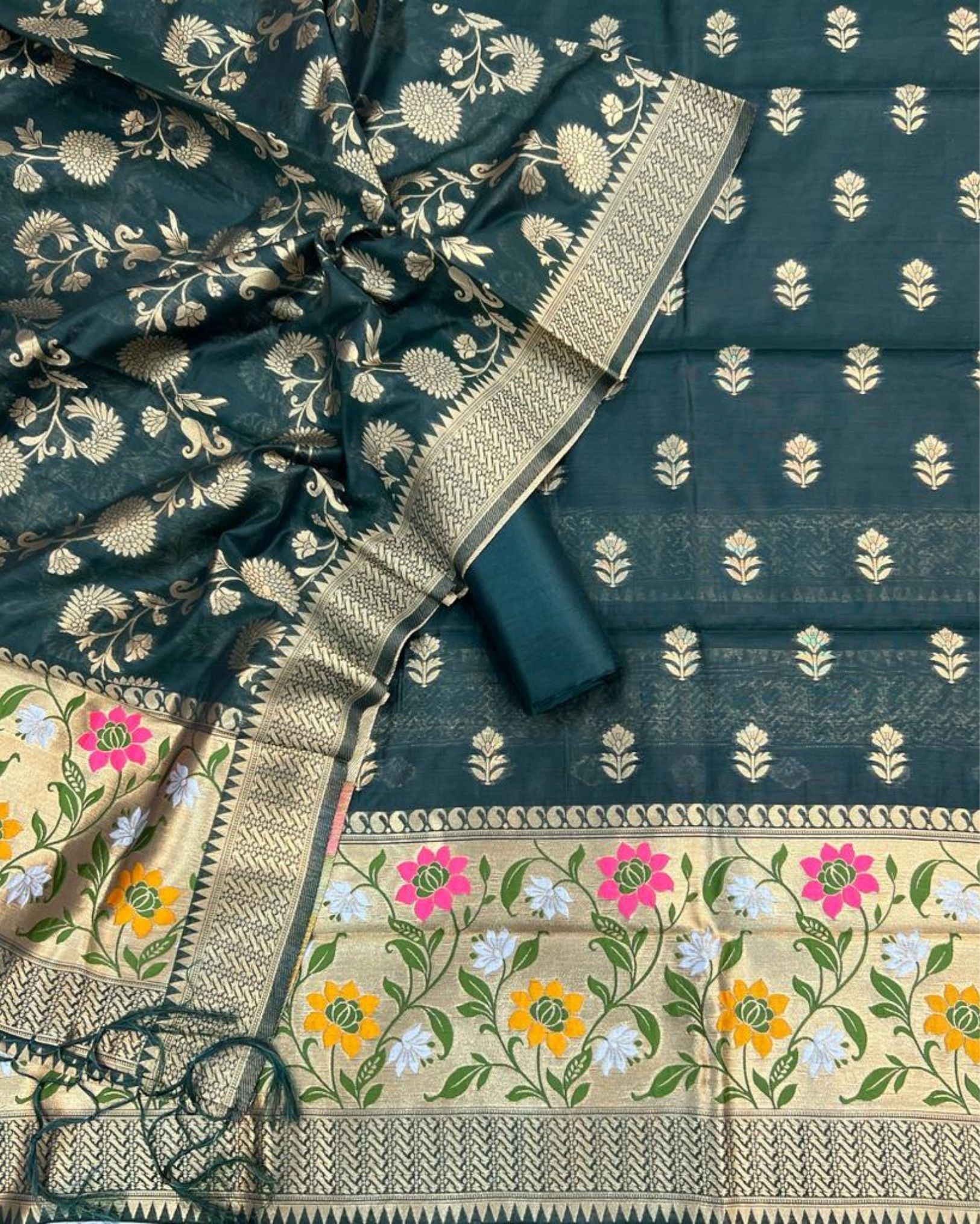 Noor-e-Banaras Dark Green Cotton Brocade Weaving Suit