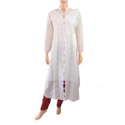 Cotton Cutwork Straight cut Kurti with Chinese Collar & Lining, Pure White, KW1001-S