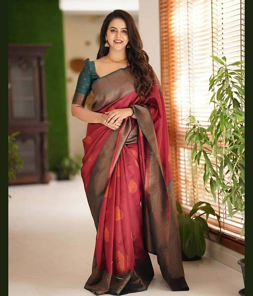 fab woven Art Silk Woven Saree With Unstitched Blouse Piece ( Peach )