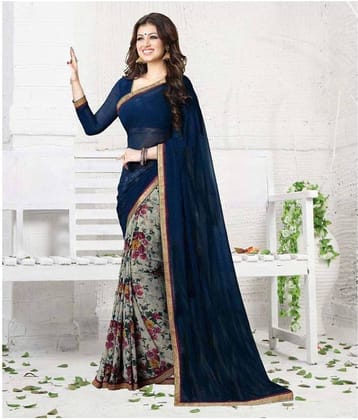 Gazal Fashions Chiffon Printed Saree With Unstitched Blouse Piece ( Blue,Grey )