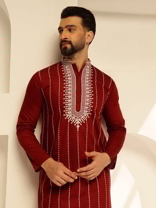 Men's Cotton Silk Maroon Long Kurta with Elegant Neck Embroidery-36