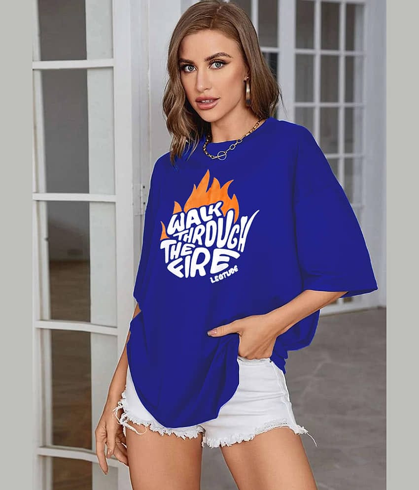 Leotude Women Cotton Blend Printed Oversized Fit Round Neck T-Shirt ( Blue )