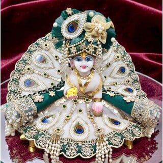 White Green Heavy Work Poshak for Kanha Ji, Peacock Motifs, Pearl Turban
