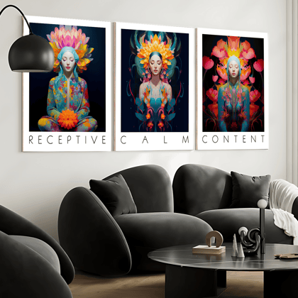 Set Of 3 Calm, Content, Receptive Spiritual Yoga Studio Wood Print Wall Art-9 X 12 Inches Each / Pinewood Thickness: 6mm