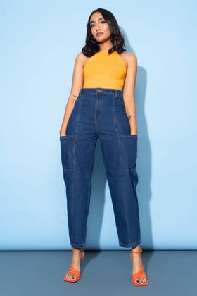 Dark Blue Side Pocket Women's Baggy Jeans 26