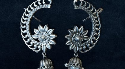 Bilasita Navaratri Collection Floral Kaanphool Ear Cuff (Oxidised Silver) | Vintage Ethnic Charm | Festive Wear