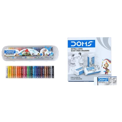 Doms Oil Pastel 25 Shades Plastic Pack, Multicolor (79, 1, 1) Non, Toxic Dust Free Extra Long Eraser Set In Cardboard Box (Pack Of 20), White (Dm3435P, 1)