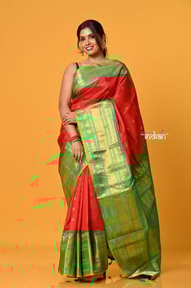 Param Sundari ~ Gadwal Pure Silk Handloom Saree in Royal Red with Green Border