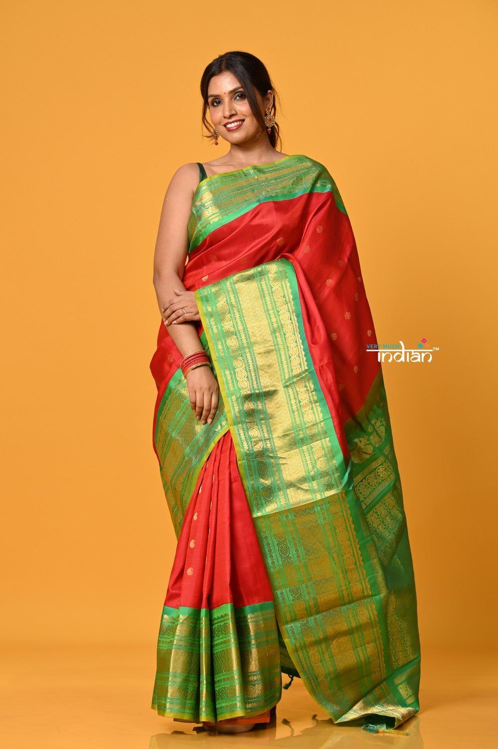 Param Sundari ~ Gadwal Pure Silk Handloom Saree in Royal Red with Green Border