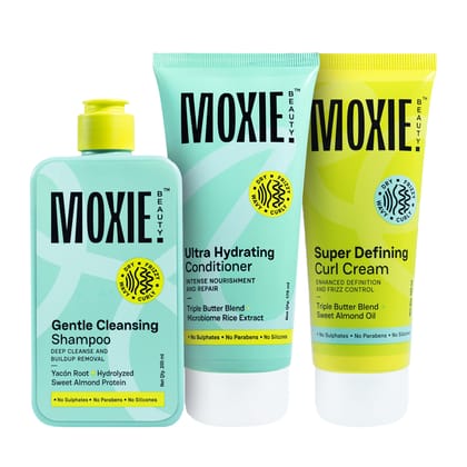 Moxie Beauty Just-The-Essentials Curly Trio | Boosts Curl Definition & Retains 96% Moisture | Gentle Cleansing Shampoo (200ml), Ultra Hydrating Conditioner (175ml) & Super Defining Curl Cream (120ml) Moxie Beauty Just-The-Essentials Curly Trio | Boosts C