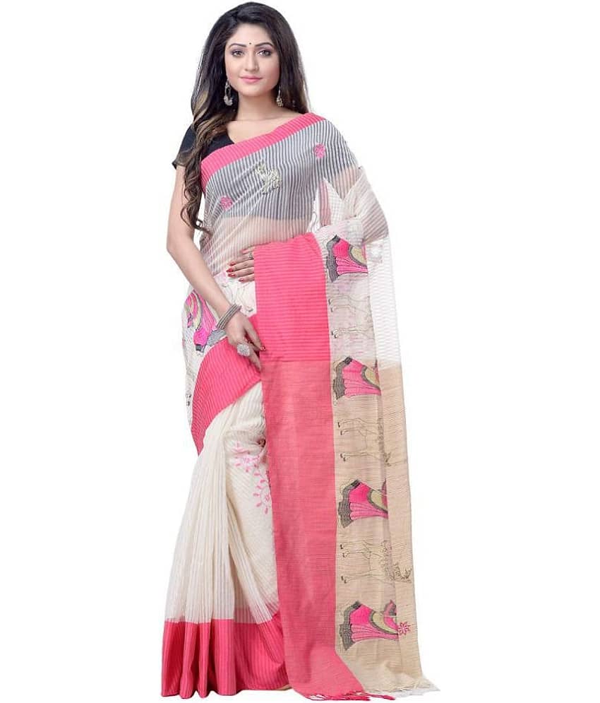 Desh Bidesh Cotton Self Design Saree With Unstitched Blouse Piece ( Pink,White )