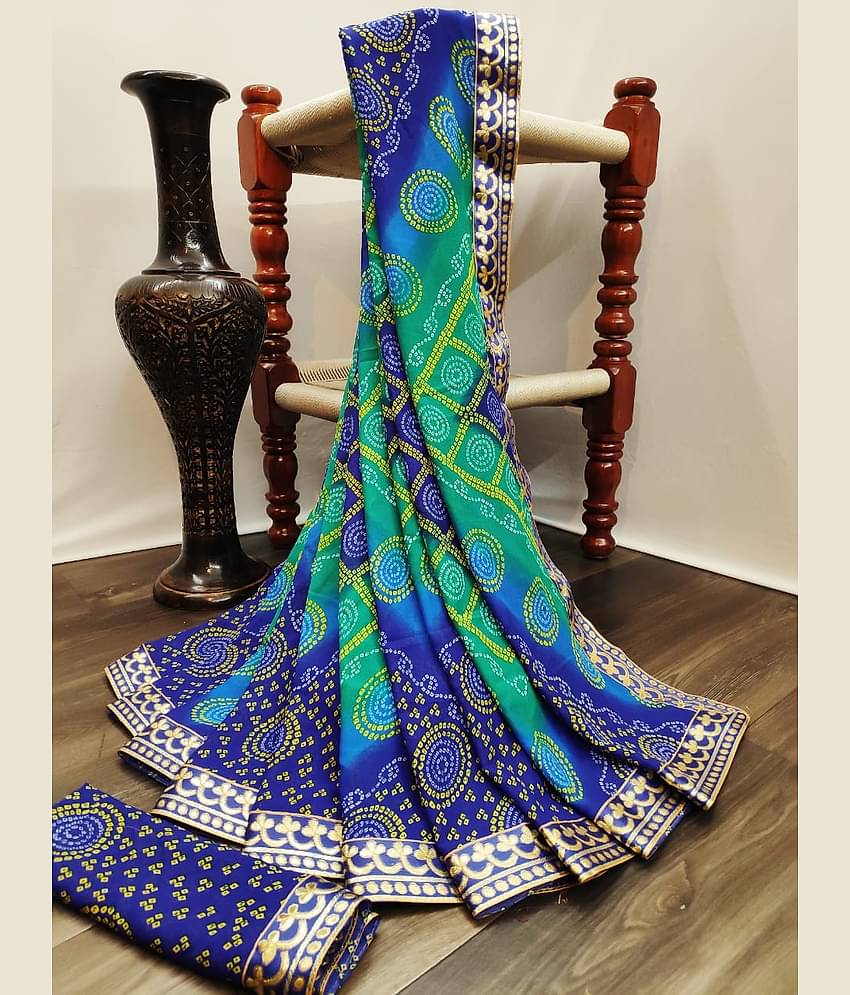 Kanooda Prints Georgette Printed Saree With Unstitched Blouse Piece ( Blue )
