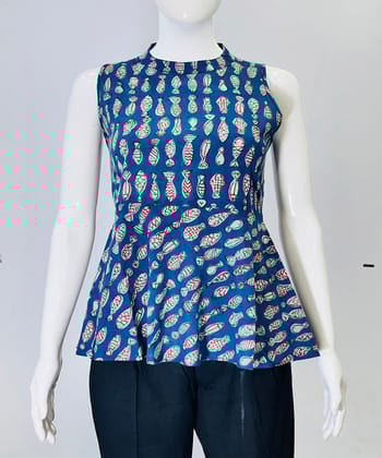 Indigo dyed handblock printed cotton top