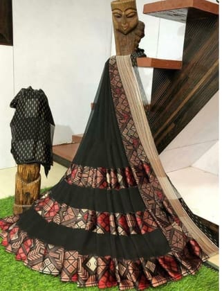 Women's Sattin Patta Printed Saree with Unstitched Blouse (Green)