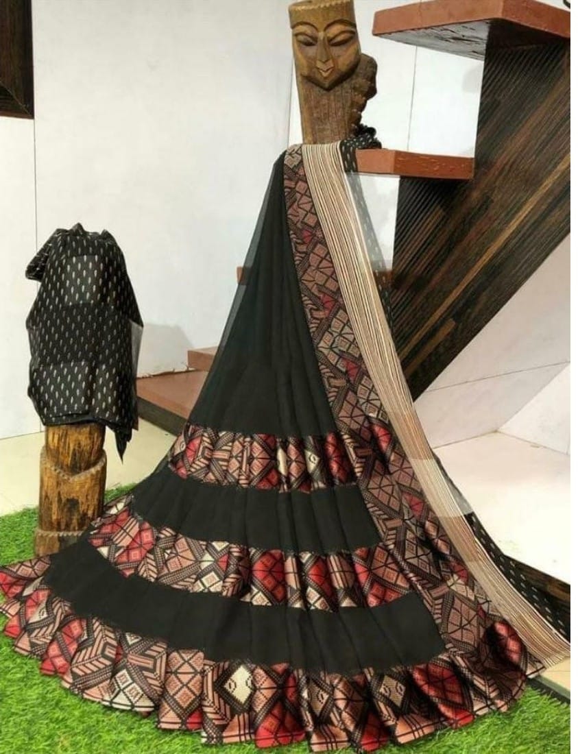 Women's Sattin Patta Printed Saree with Unstitched Blouse (Green)