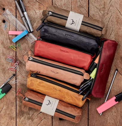 Talia  Genuine Leather Round Longitudinal Leather Pen/Pencil Case.