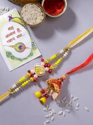 NVR Unisex Set of 2 Yellow Peacock Design Bhaiya Bhabhi Rakhi With Roli Chawal-Freesize / Yellow / Plastic