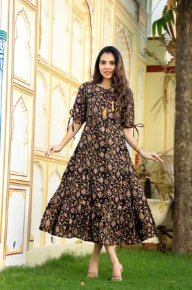TRADITIONAL BAGRU PRINTBagru Hand Block Printed Cotton One Piece DressAttached Dori with Tussle in Neck Line