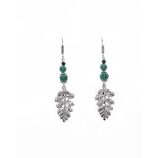 Look and Adorn Handmade Designer German Silver Leaf Dangler Earring with Semi Precious Malachite Stone Earrings for Girls and Women