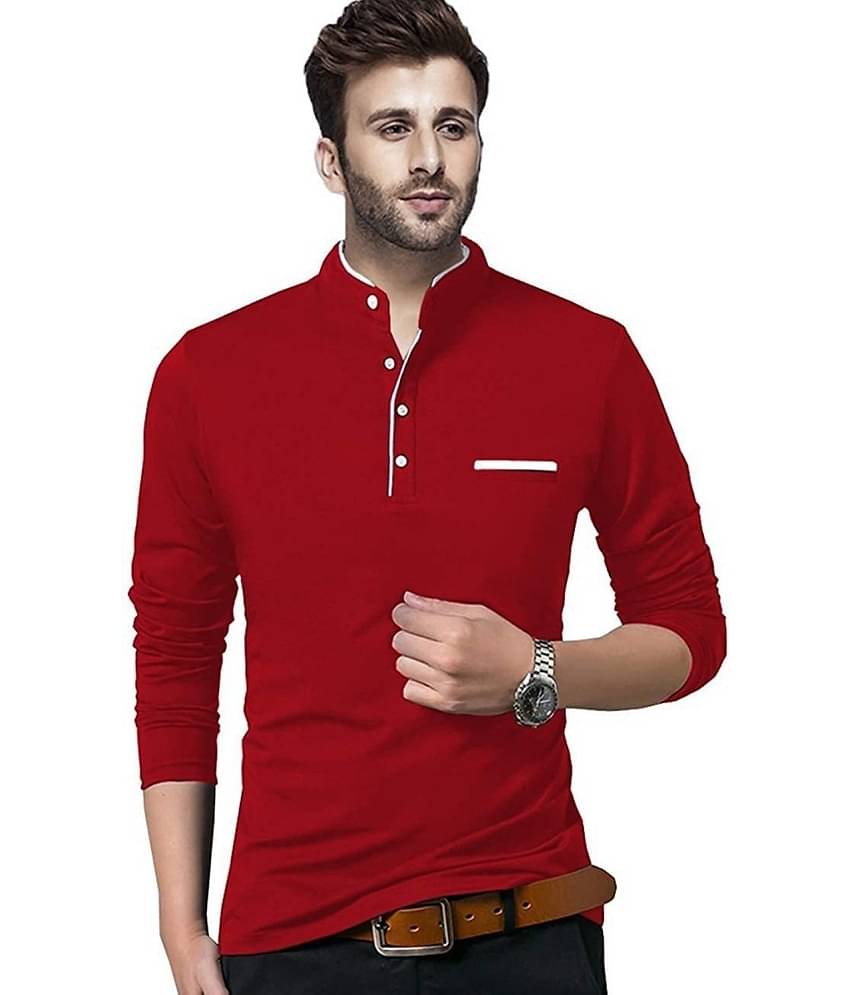 Alexender Cotton Regular Fit Solid Full Sleeves Men's Mandarin Collar T-Shirt - Red ( Pack of 1 )