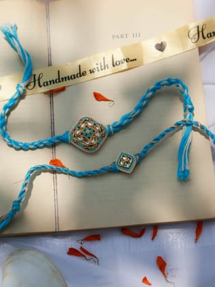 Arihan Turquoise Meenakari Rakhi Set-Blue