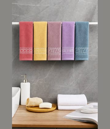 Satisfyn Pack of 5 Cotton 401-450 -GSM Hand Towel ( Assorted )