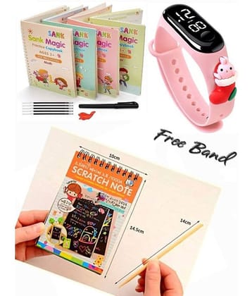 Combo Of 3 Pack - Sank Magic Practice Copy book & Scratch Book Paper Sheet Art Book and Craft Paper & LED Taddy Band Watch Digitel Multicolor By Unico Traders