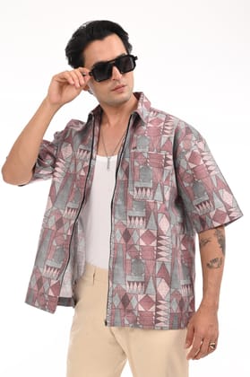 Shell Pink Cotton Abstract Zipper Shirt-M