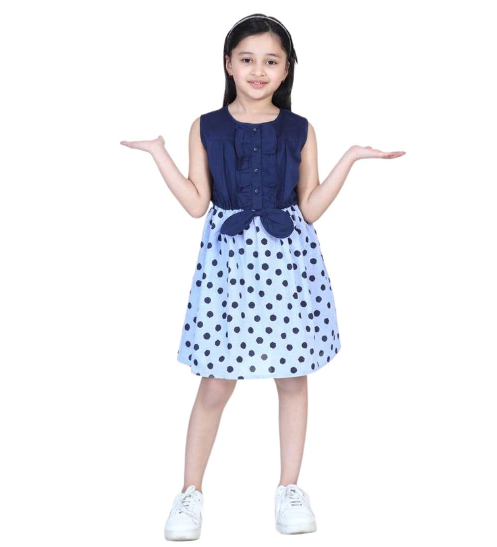 Girl's Denim Polka Sleeveless Dress (Blue, 4-5-Yrs)-PID66030