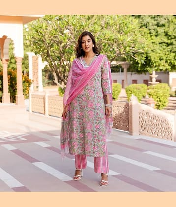 Royal Export Cotton Blend Printed Kurti With Pants Women's Stitched Salwar Suit - Pink ( Pack of 1 )
