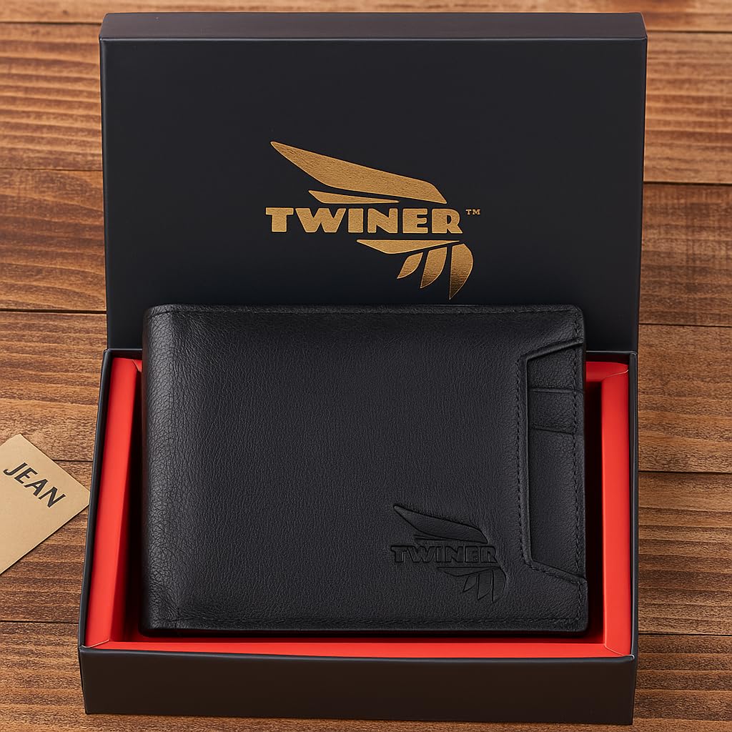 Twiner RFID Protected Genuine Leather Wallet, Black, Slim Design with Removable Card Holder