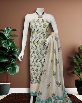 Katan Silk Radiating Blockprint Cream Suit