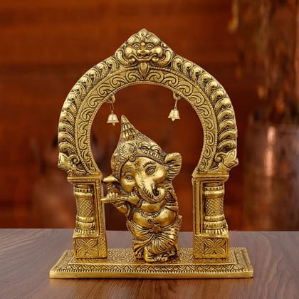 DreamKraft Metal Ganesha with Flute Hanging Temple Showpiece(7.5x9x3.5 in, Gold)
