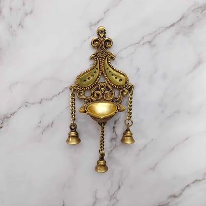 Brass Wall Hanging Diya with Bells - 12 inch Height | Decorative Brass Diya with Bell Accents for Festive Ambiance