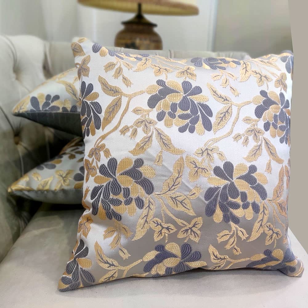 Grey White Damask / Self Design / Woven Floral Motifs Zipper Square Combo Cushion Covers (12x12 inch or 30 x 30 cm) Set of 3
