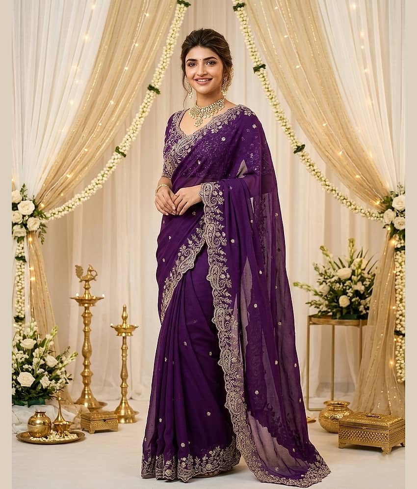 Rangtulika Ethnics Georgette Embroidered Regular Saree With Unstitched Blouse Piece ( Purple )